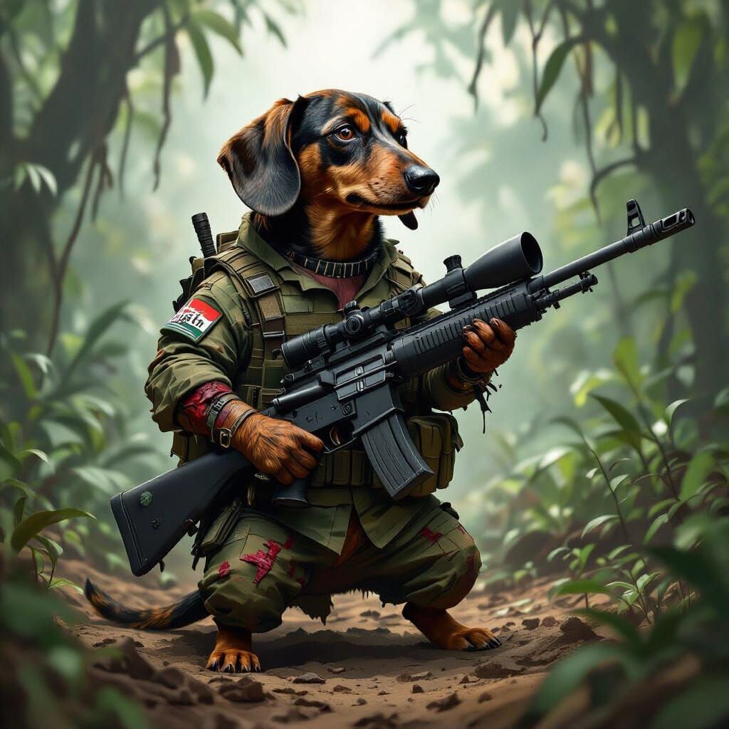 Muscular Dachshund in Ripped Vietcong Uniform with Sniper Ri...