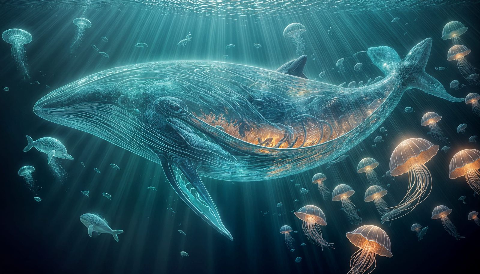 Glowing Glass Whale in Art Deco Underwater Scene