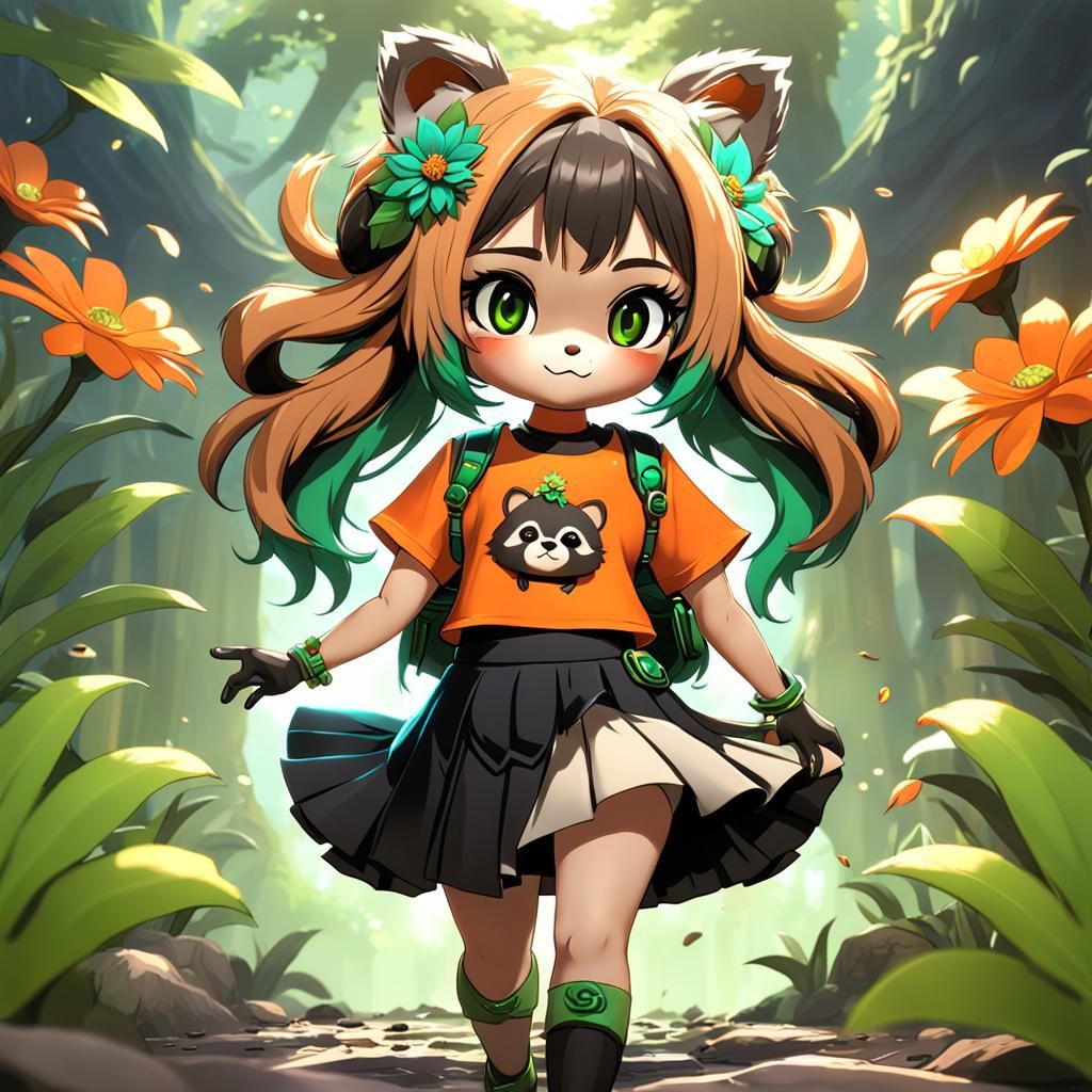 Tanuki Girl with Green Flower, Fantasy Concept Art