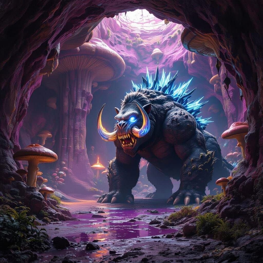 Flesh Cavern Creature with Glowing Spikes and Bull-Rex Head