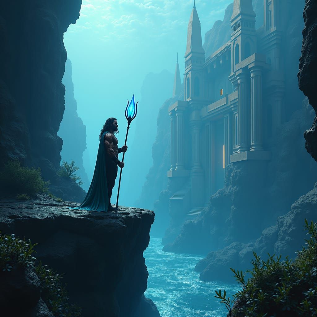 Aquaman Overlooking Atlantis in Underwater Epic