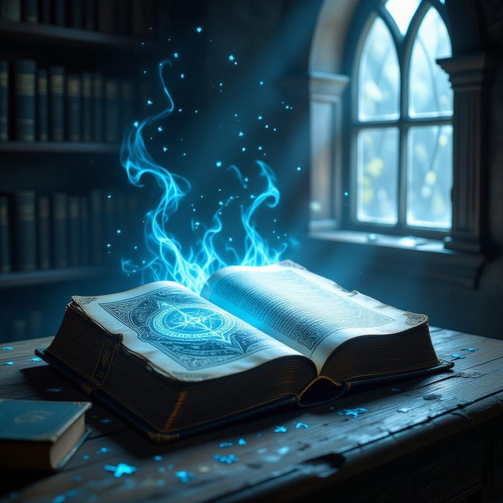 Ancient Grimoire Aglow with Arcane Runes on Dusty Table