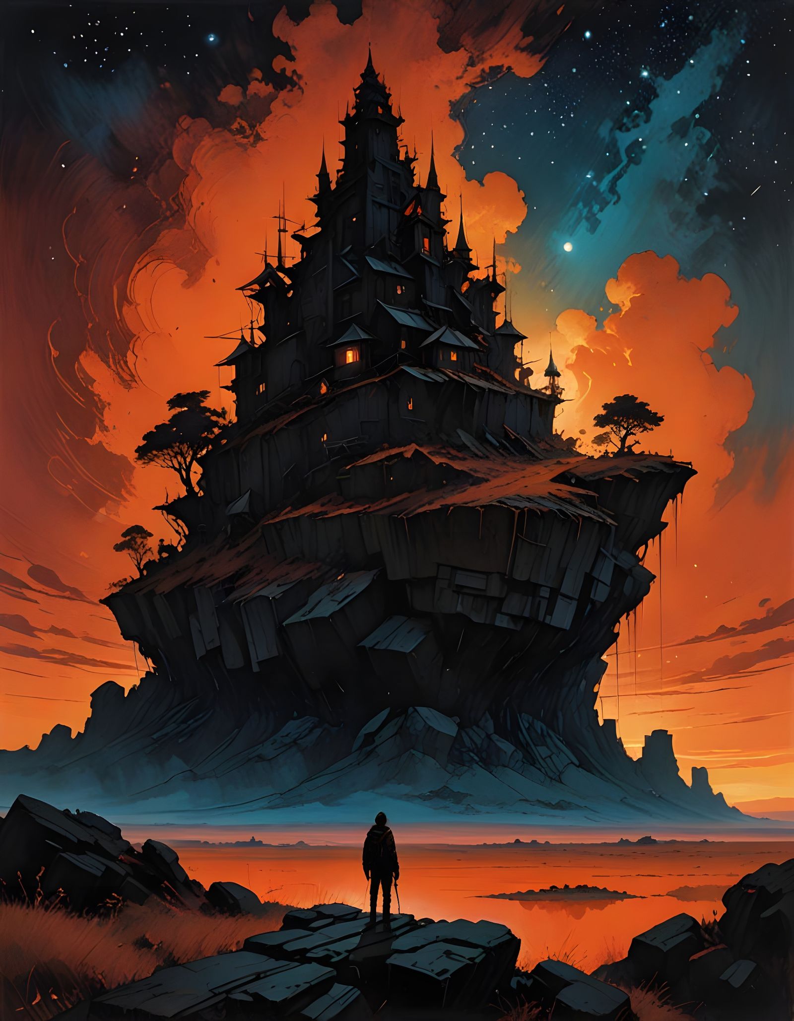 Majestic Sunset Rock Formation with Celestial Universe Withi...