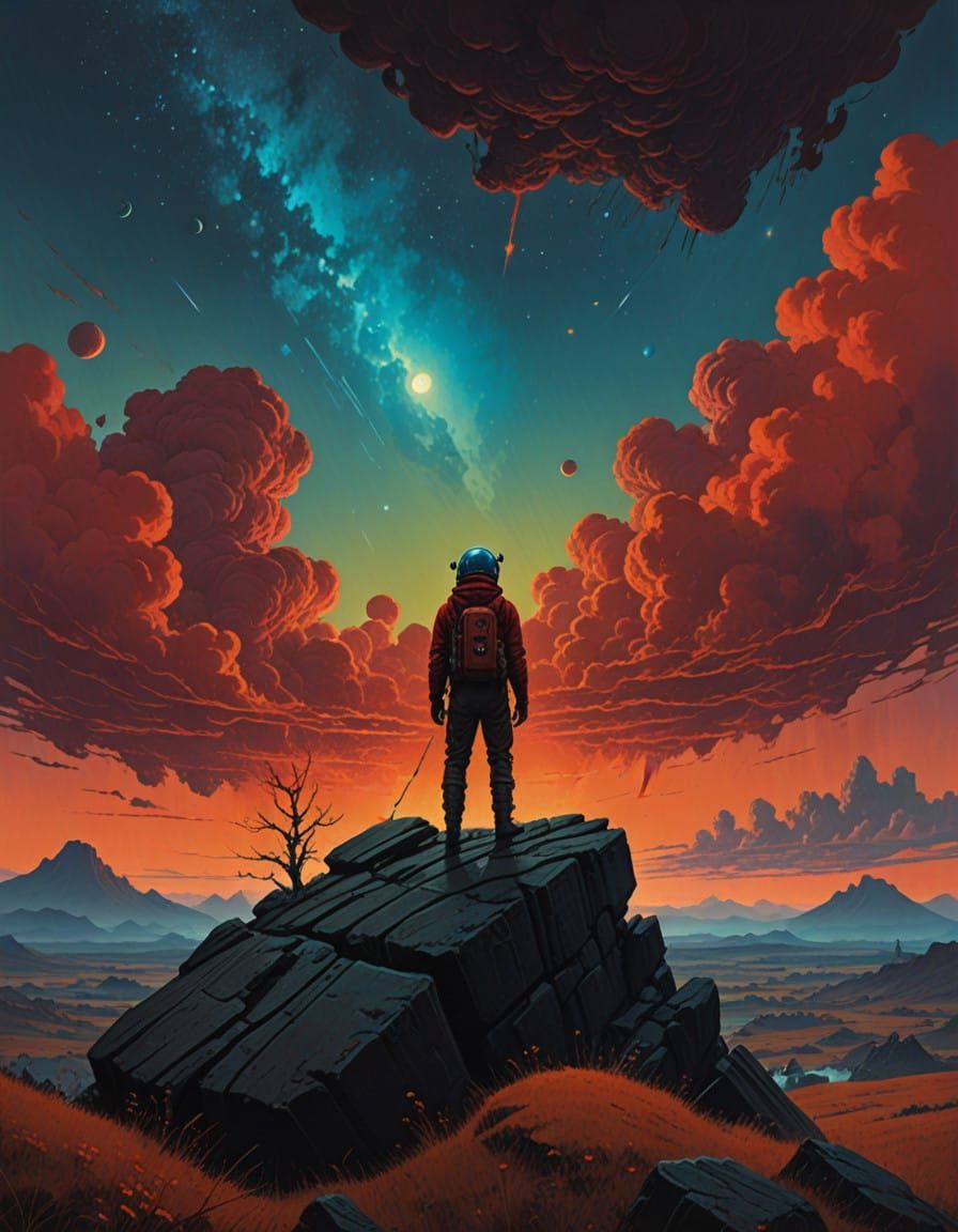 Cosmic Wanderer in Fiery Sunset Landscape