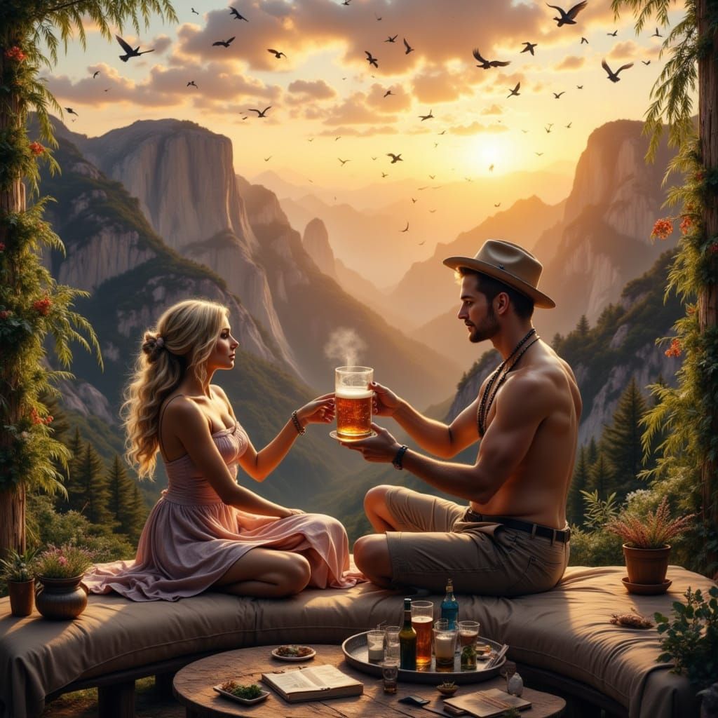 Romantic Sunset Beer with Mountain View in Ethereal Style