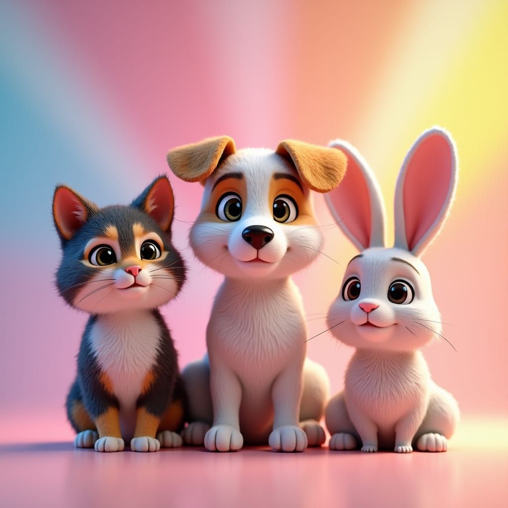 Harmonious Trio: Cat, Dog, and Rabbit in 3D Digital Art