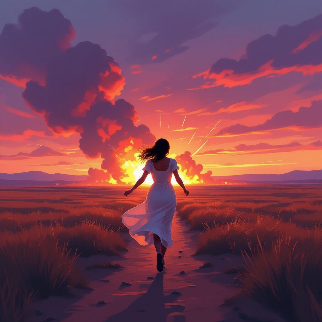 Woman Flees Explosion in Vibrant Dusky Landscape