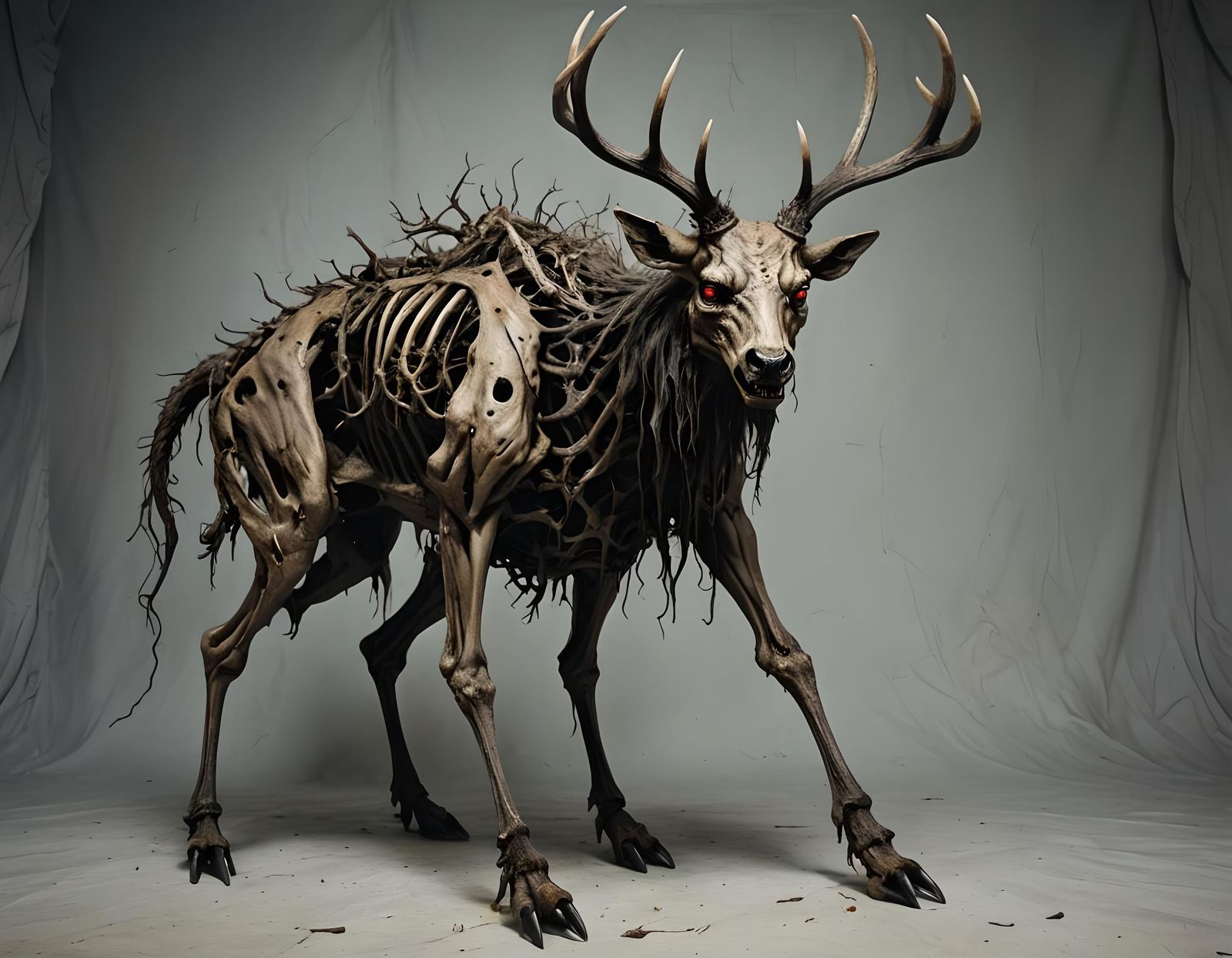 Grotesque Wendigo Creature with Deer Horns