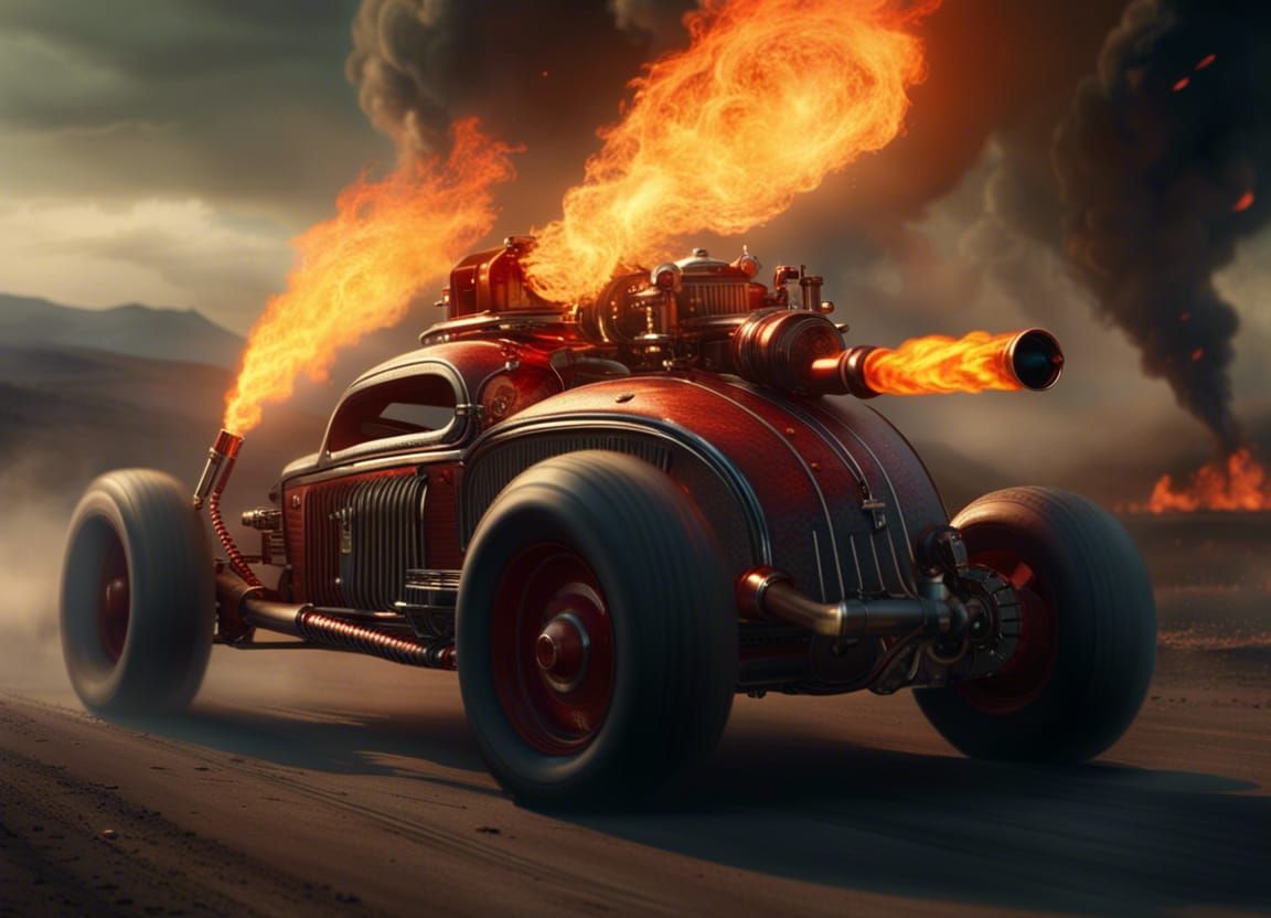 Flamethrower Hotrod in a Digital Matte Painting