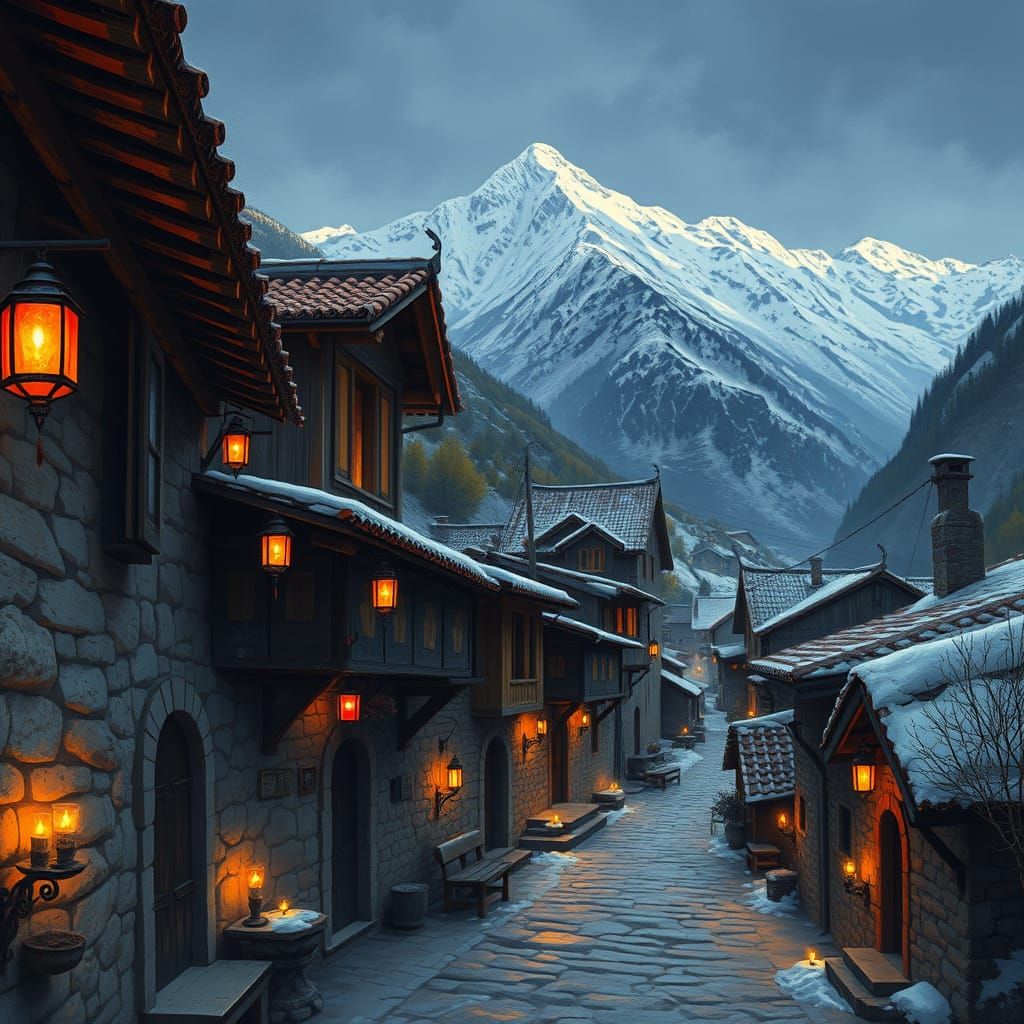 Mountain Village in Vibrant Folk Art Style