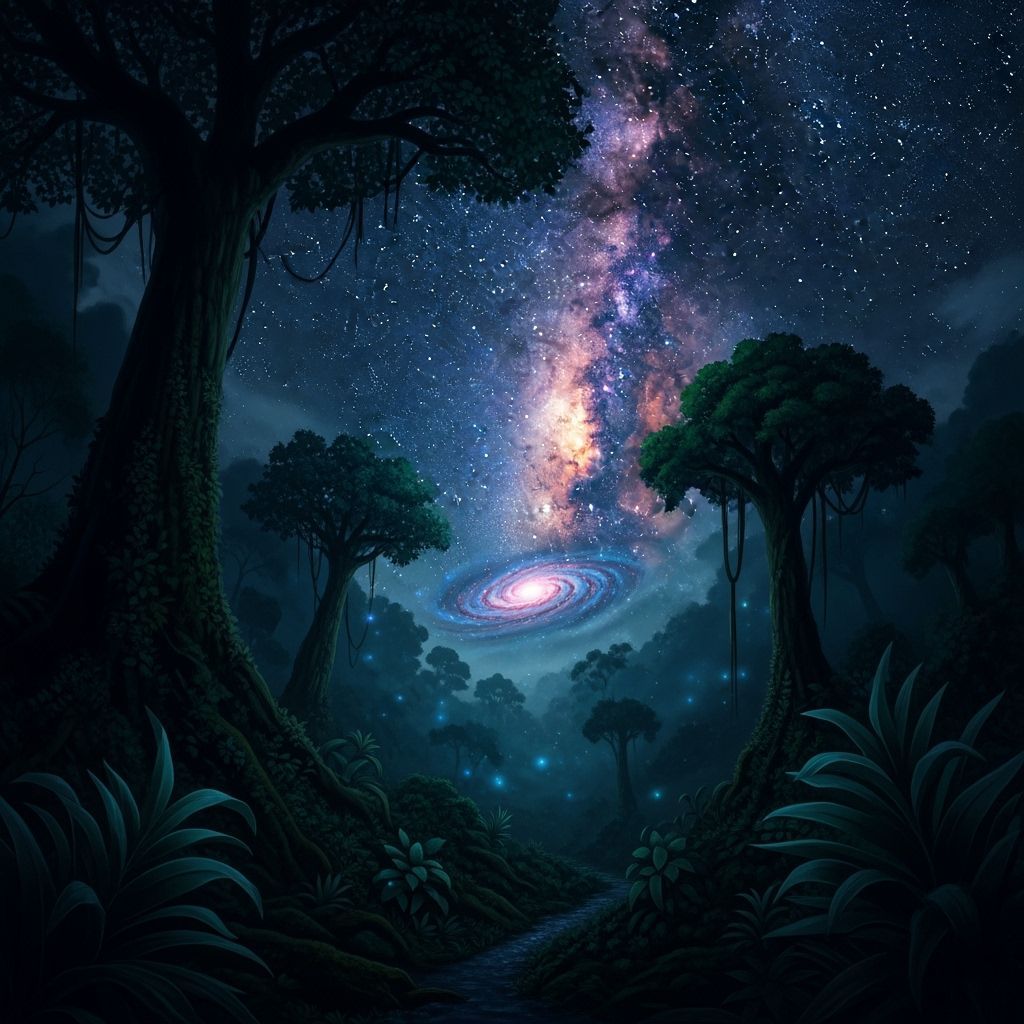 Mystical Rainforest Under Vibrant Starry Sky