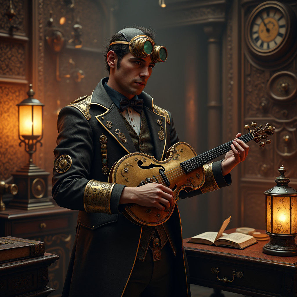Steampunk Musician in Victorian Chamber, Fantasy Concept Art