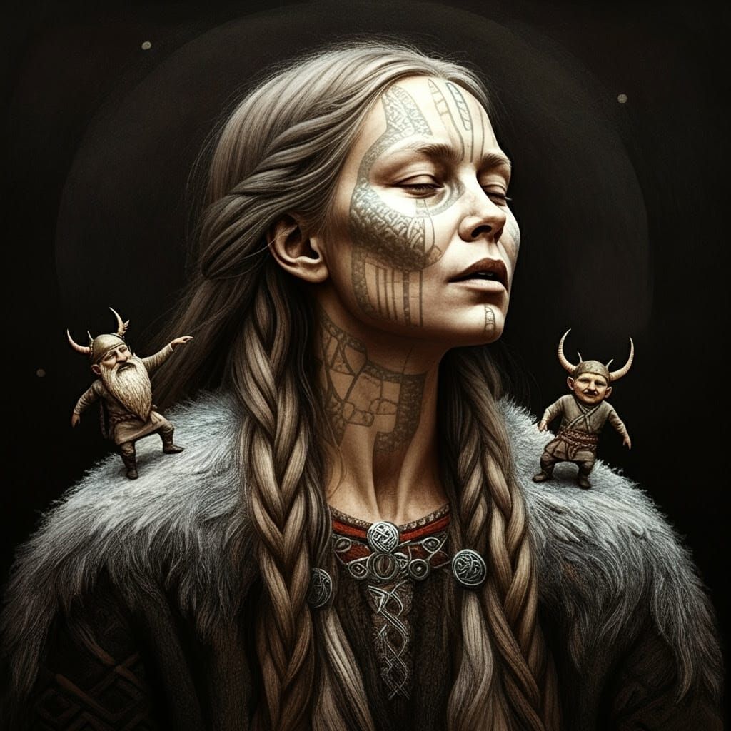 Seidwoman in Ancient Norse Art Style with Intricate Patterns