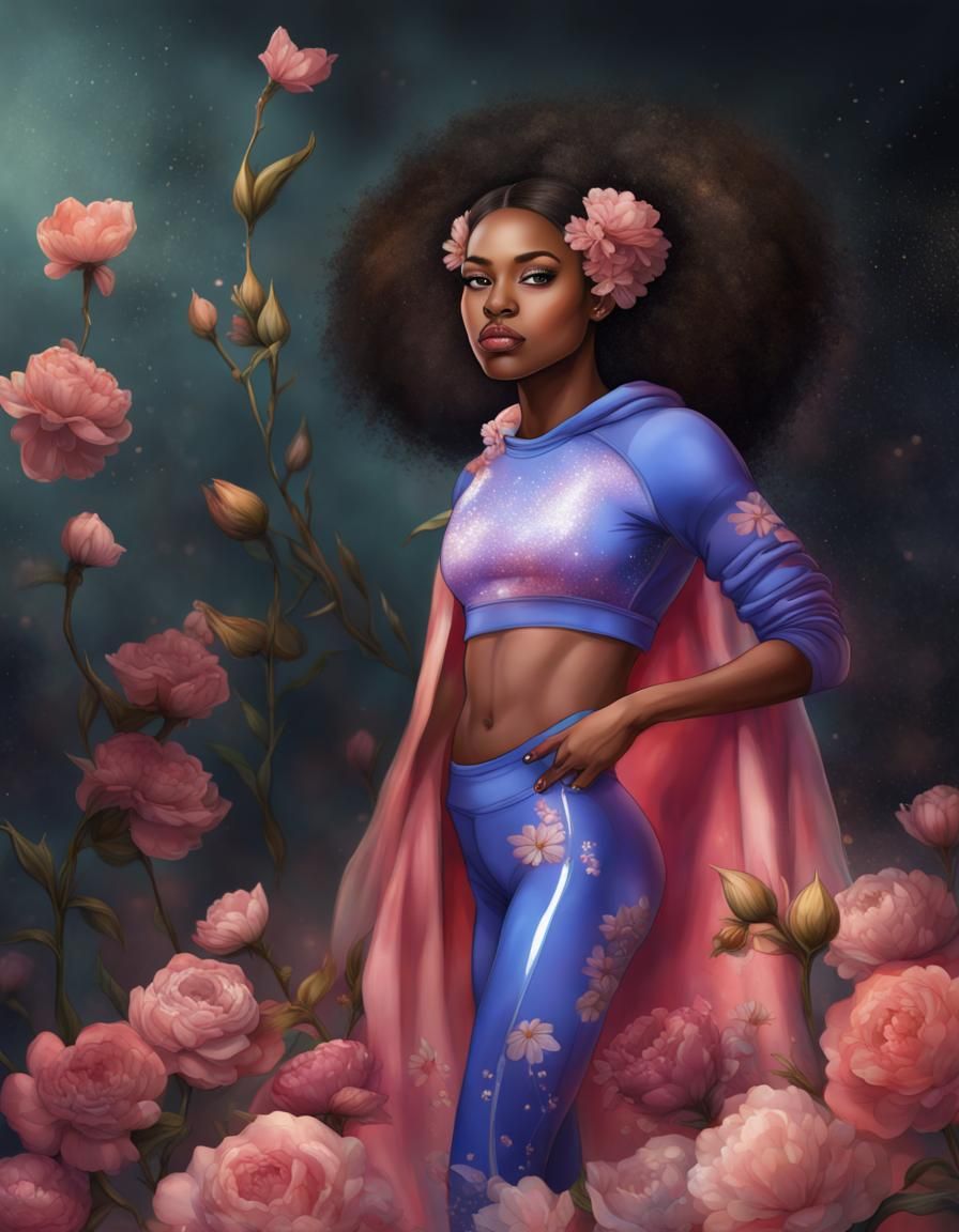 African-American Woman in Gym Clothes with Fantasy Flowers