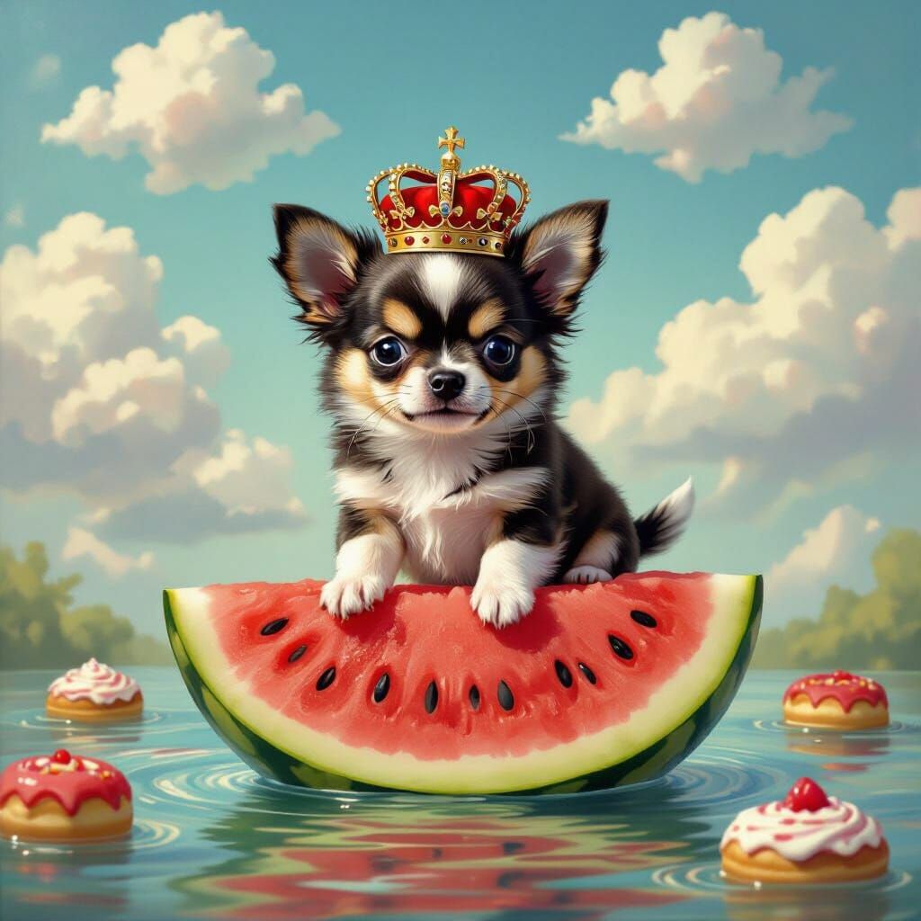 Chihuahua Puppy in Crown on Watermelon Slice in Sky