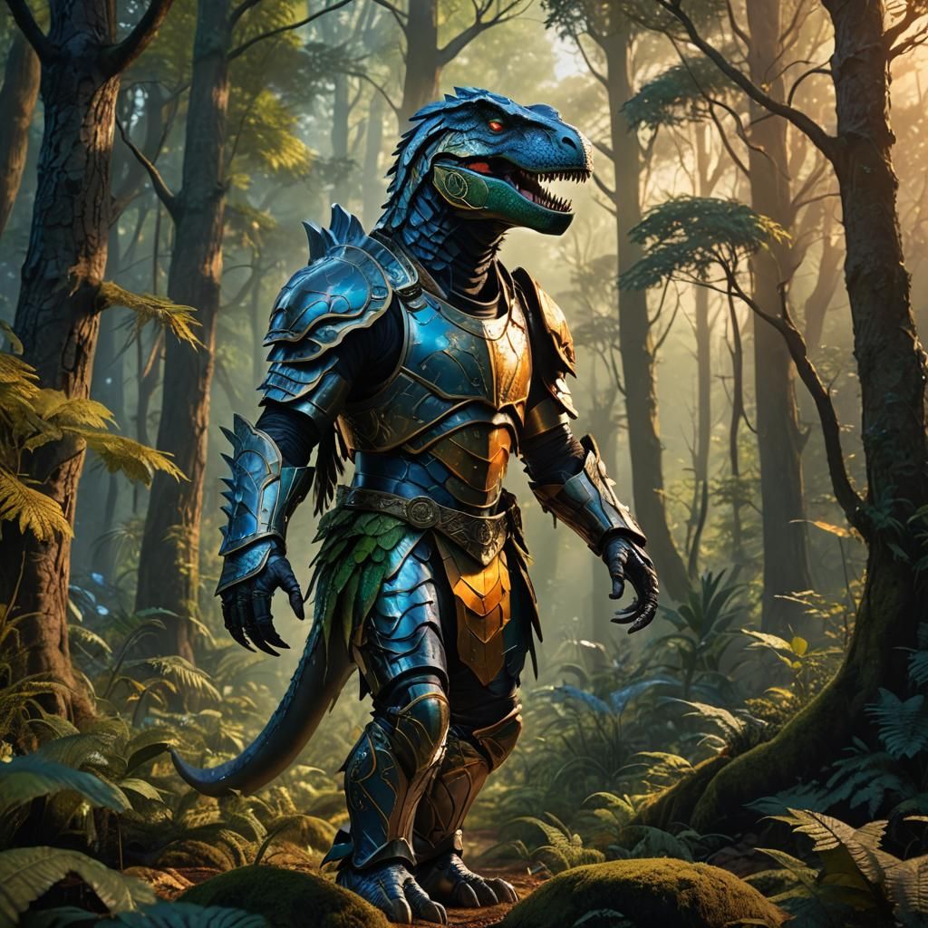 Fantasy Trex Warrior in Iridescent Scales and Metallic Armou...
