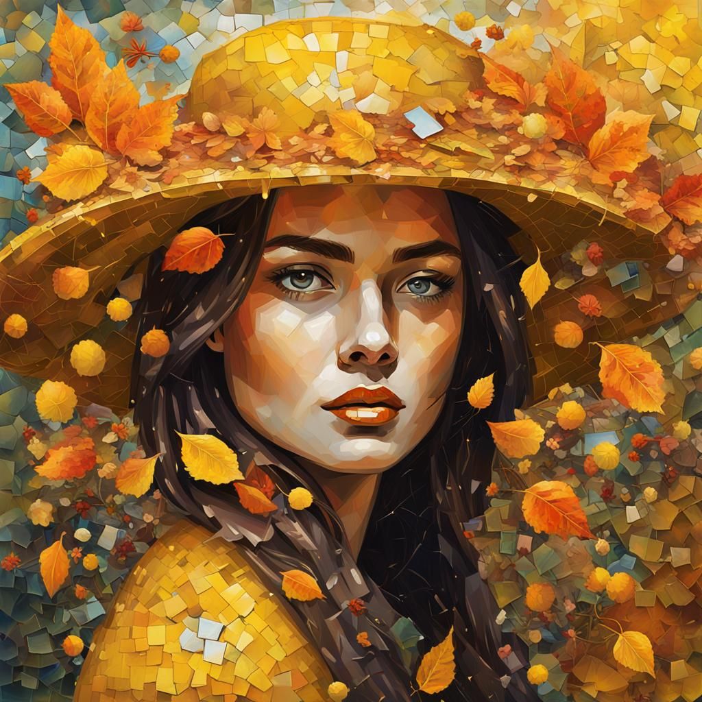 Beautiful Autumn Lady in Mosaic Oil Painting