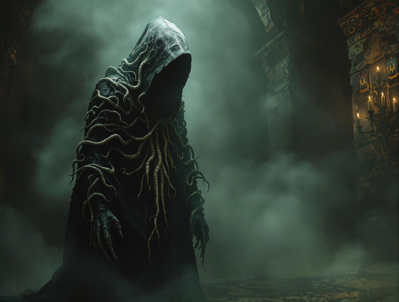 Mysterious Hooded Figure in Giger-esque Horror Scene