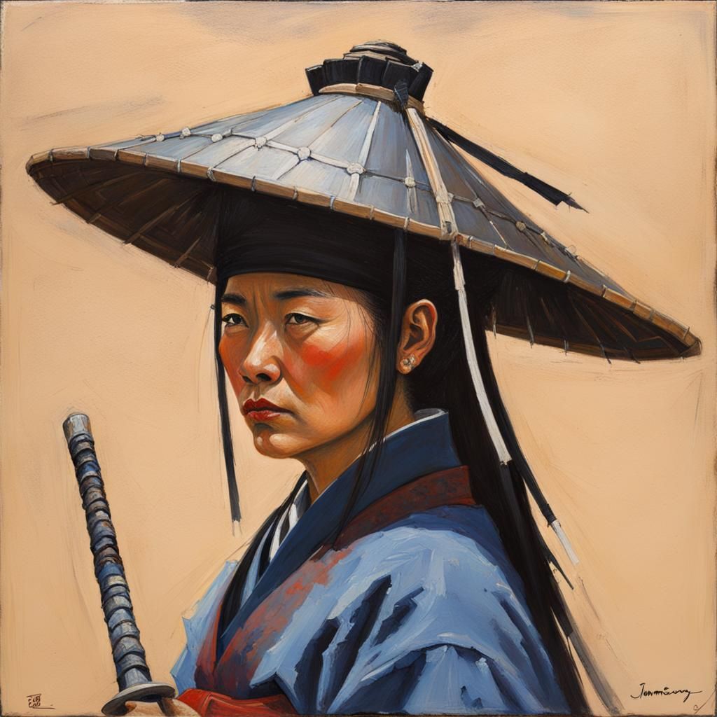 Female Samurai with Pointed Hat as Oil Painting