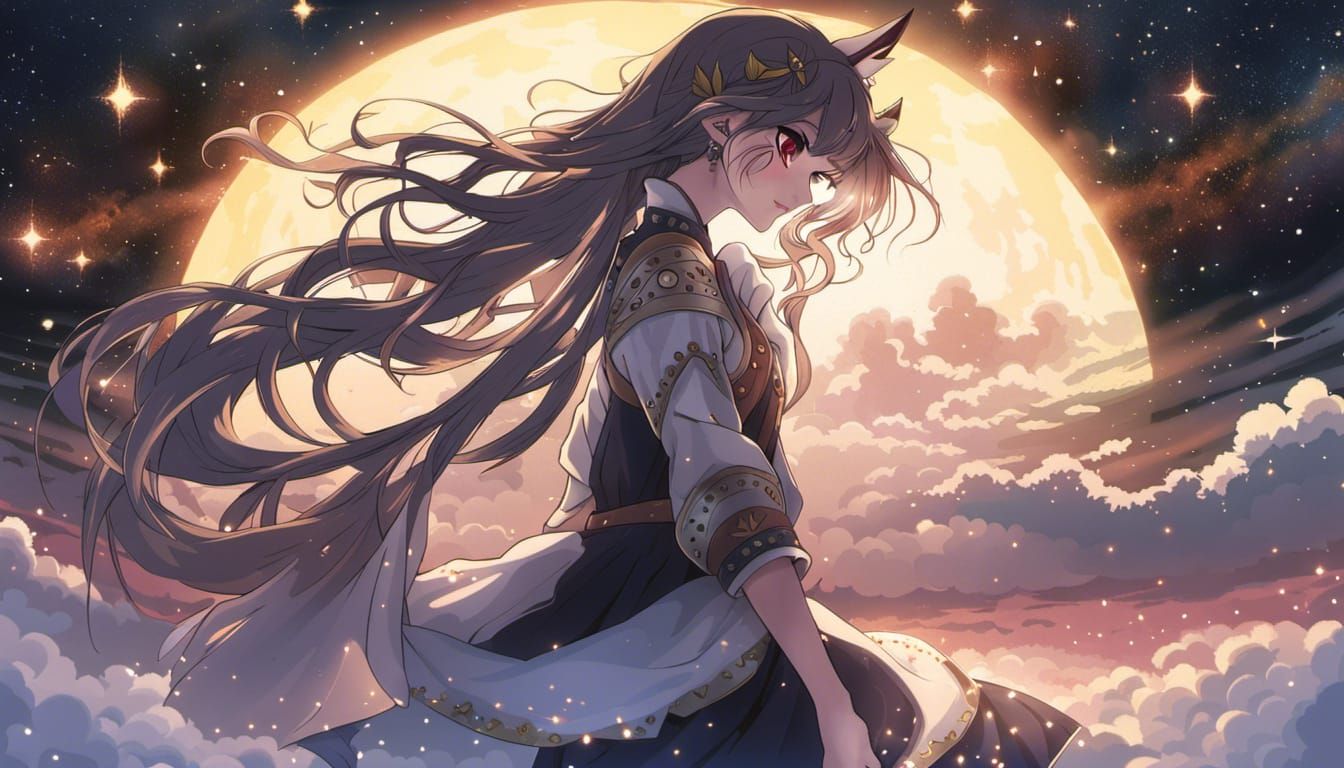 Fantasy Cityscape with Cat Girl in Anime Art