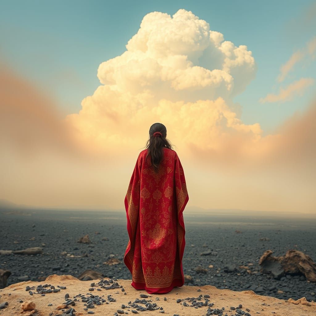 Ash-Covered Woman in Dystopian Landscape