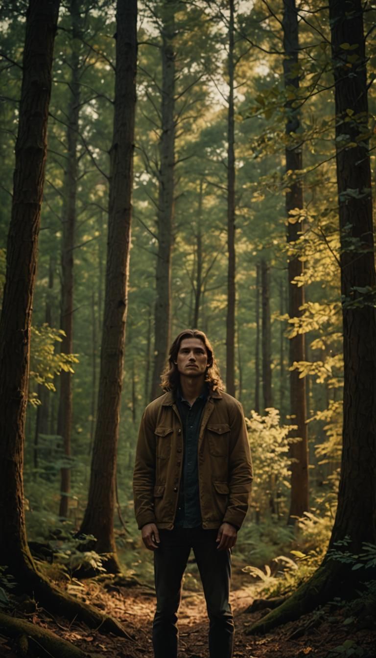 Man in Misty Woods: Cinematic Film Still
