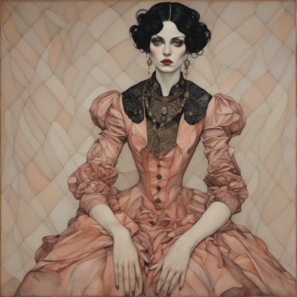 Baroque Expressionist Fusion: Peach Gorey Schiele Style