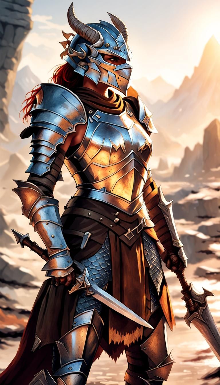 Female Dragonborn Knight Surveys Battlefield