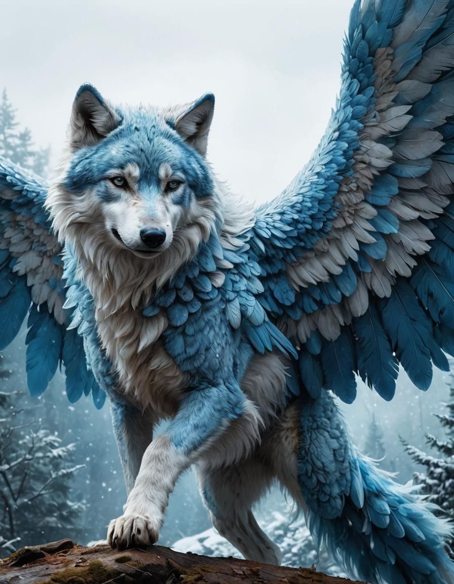 Hyper-realistic beautiful white winged wolf with light blue ...