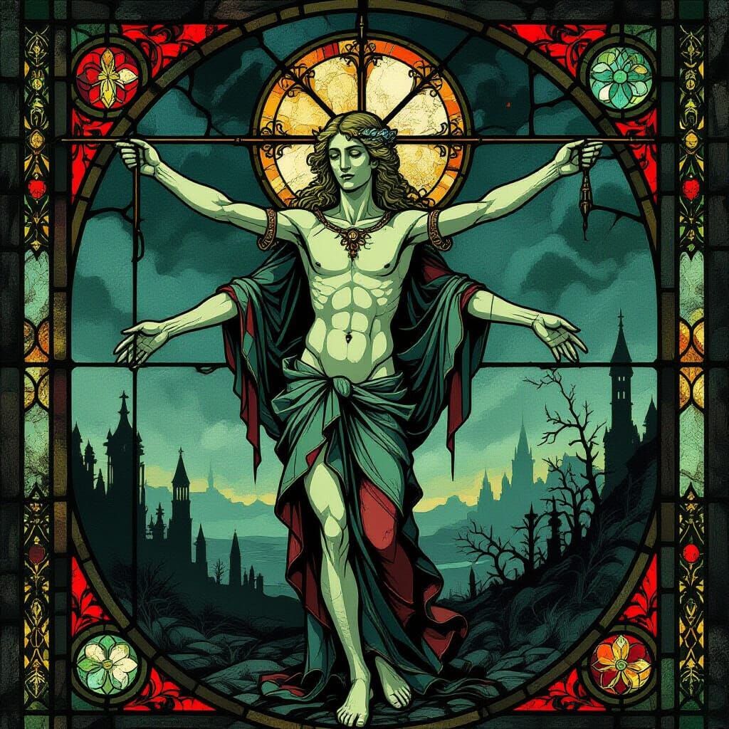 Vitruvian Man in Apocalyptic Stained Glass Style