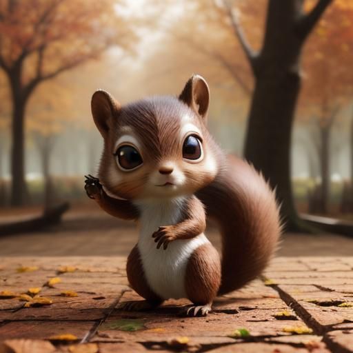 Adorable Chibi Squirrel with Nuts in 3D Autumn Scene