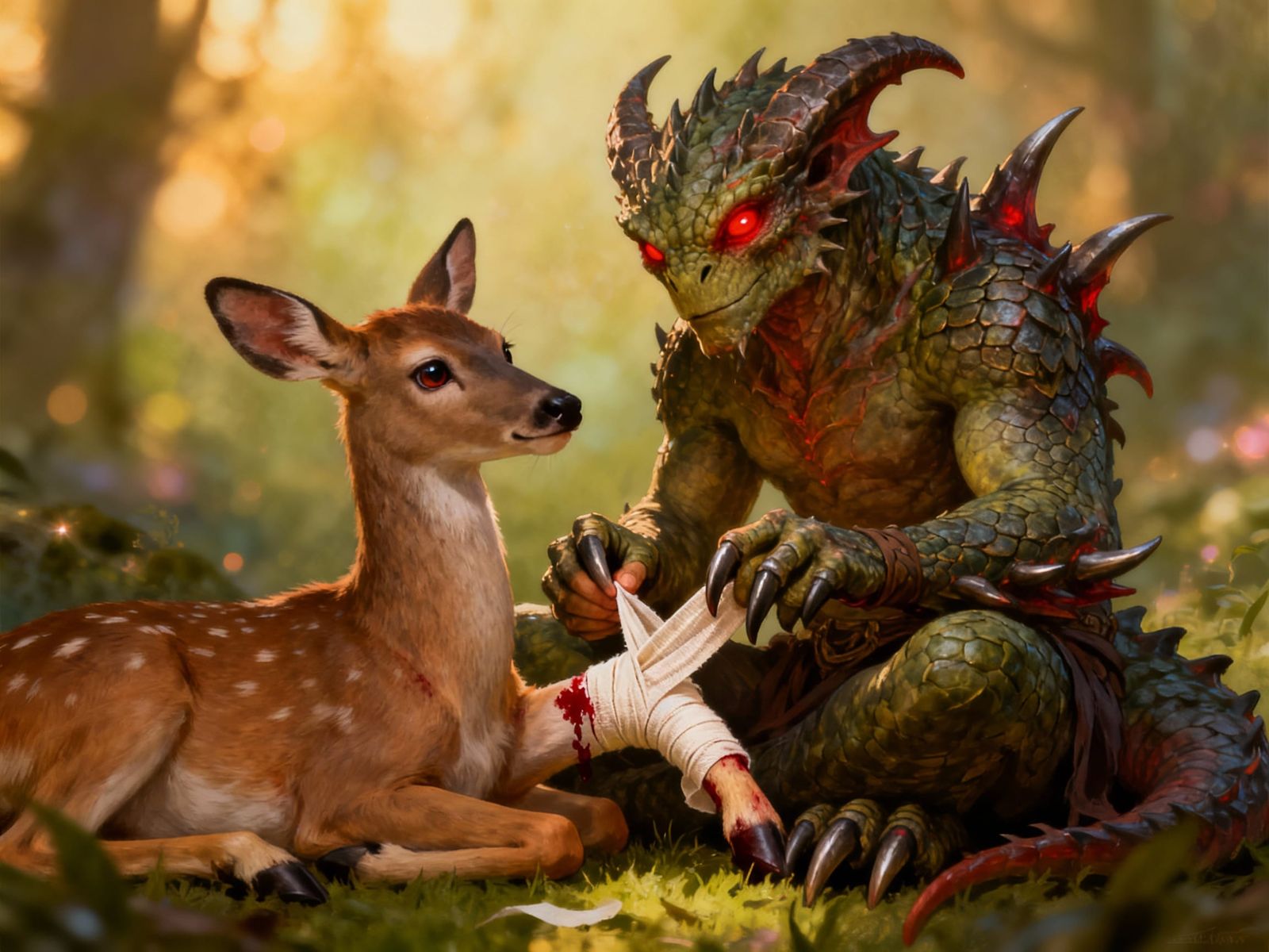 Gentle Monster Tends to Wounded Deer in Fantasy Art