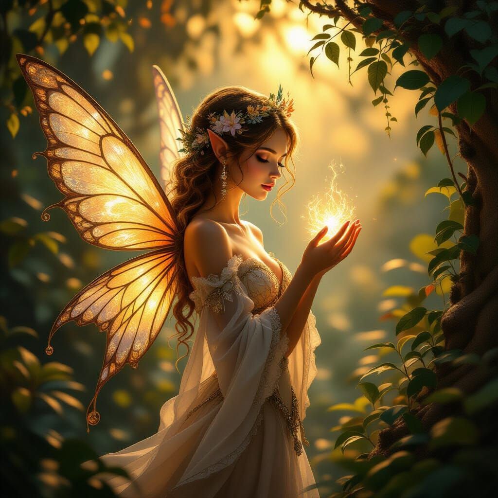 Spellbound in amber light, a fairy’s gaze ignites the night.