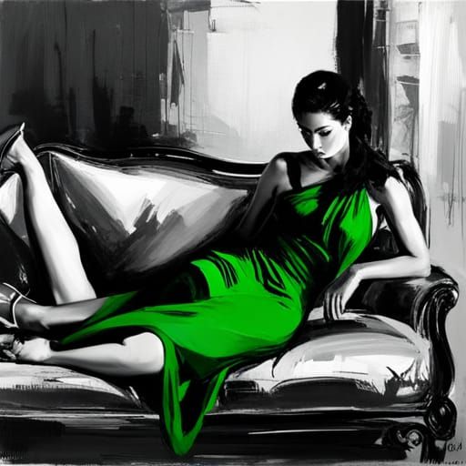 Chinese Beauty in Green Dress on Chaise Lounge