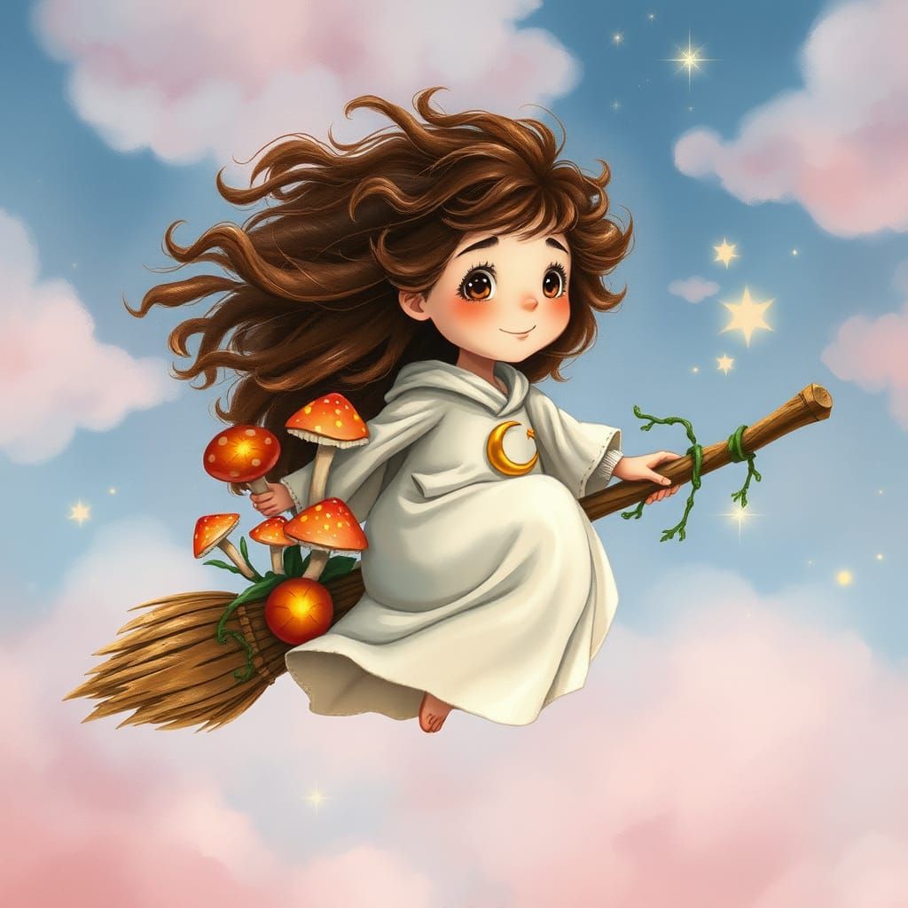 Whimsical Girl Soars on Magical Broom in Dreamy Twilight Sky