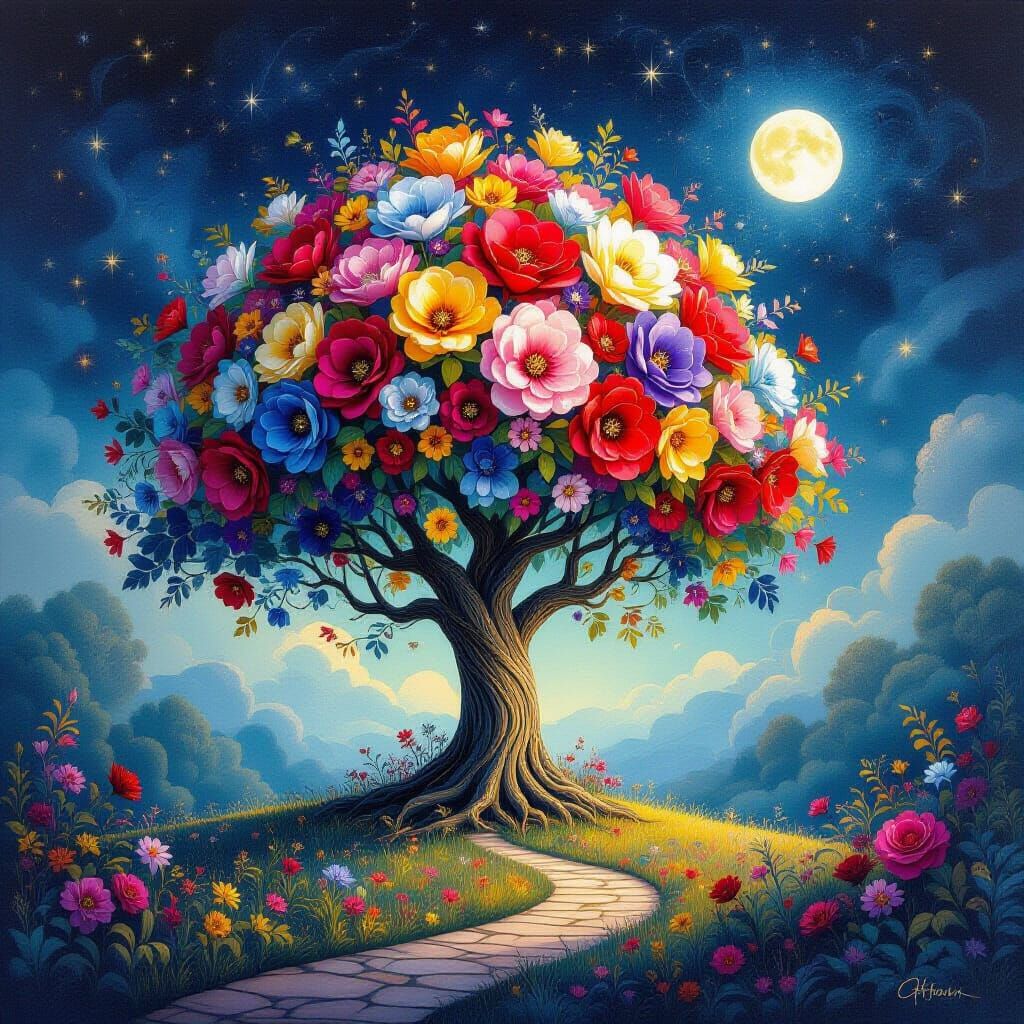 Enchanted Surreal Tree with Vibrant Blooms in Dreamlike Land...