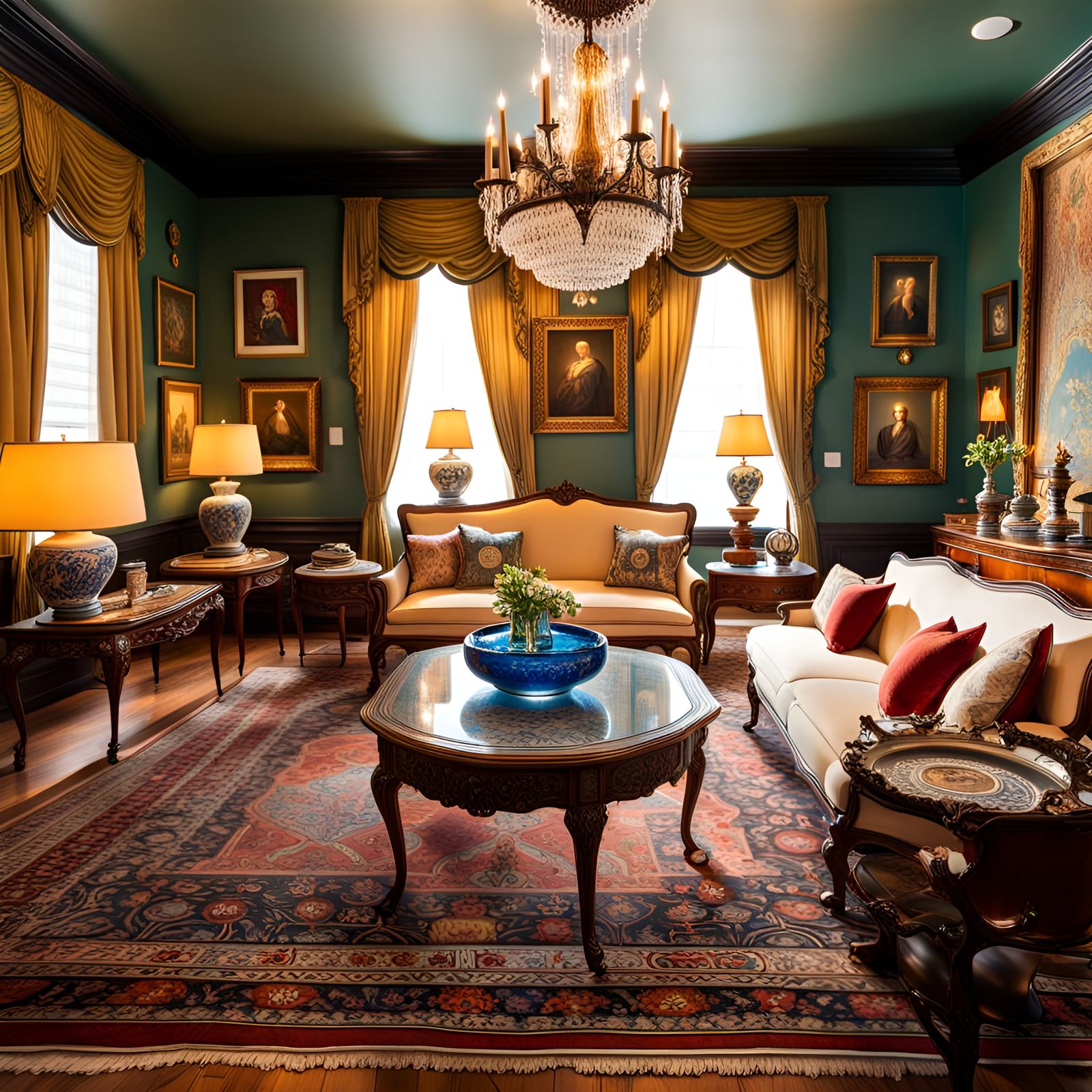 Ornate Portuguese Living Room Oil Painting