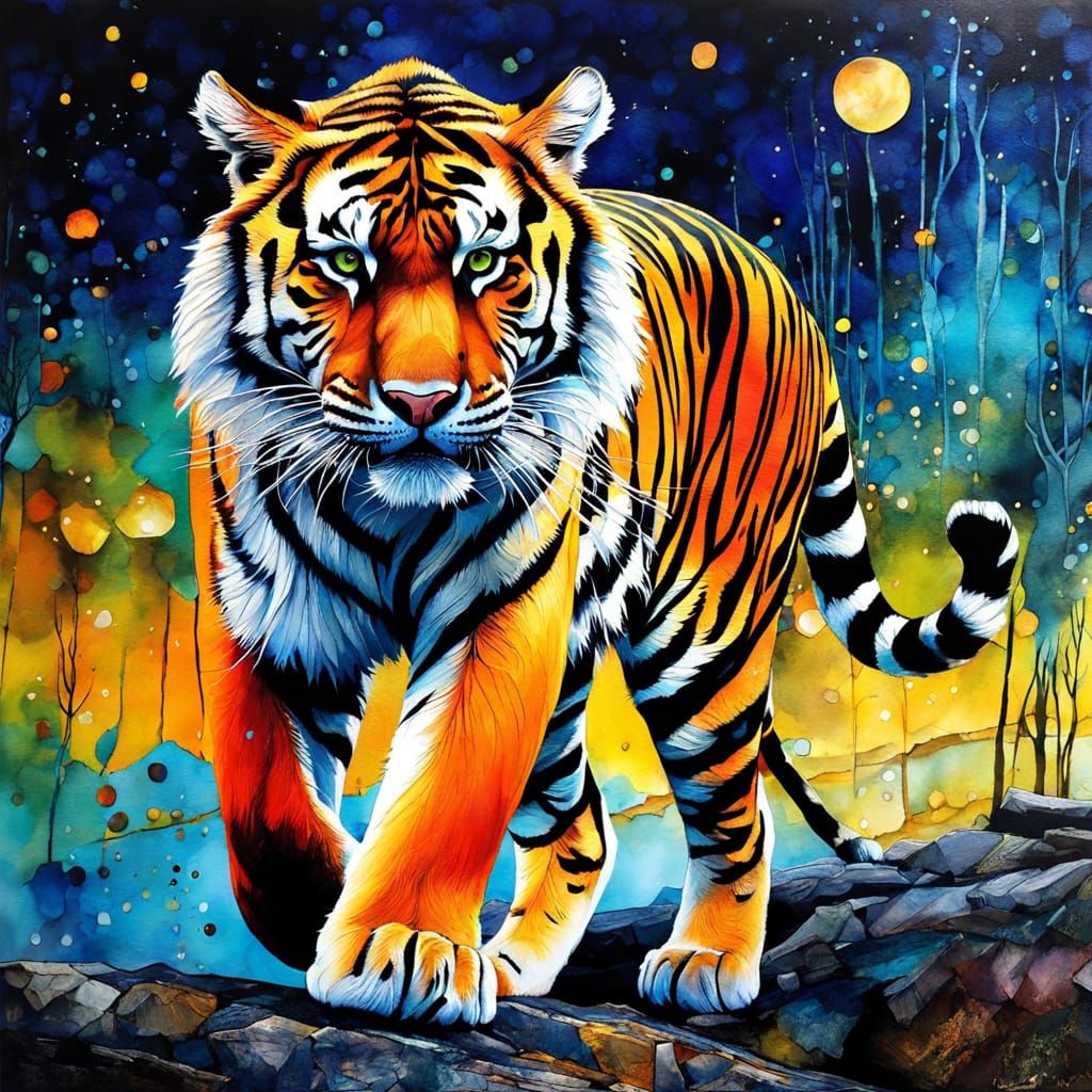 Siberian Tiger at Night in Mixed Media Art
