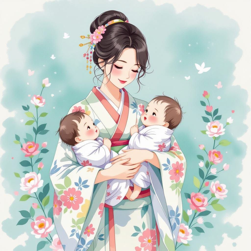 Elegant Mother and Twins in Whimsical Watercolor