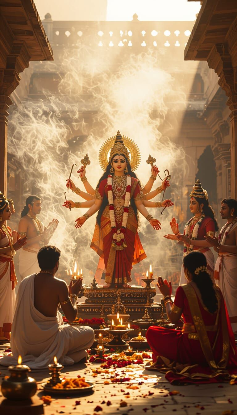 Durga Puja in Zamindar Palace Courtyard: Hyper-Realistic Cin...