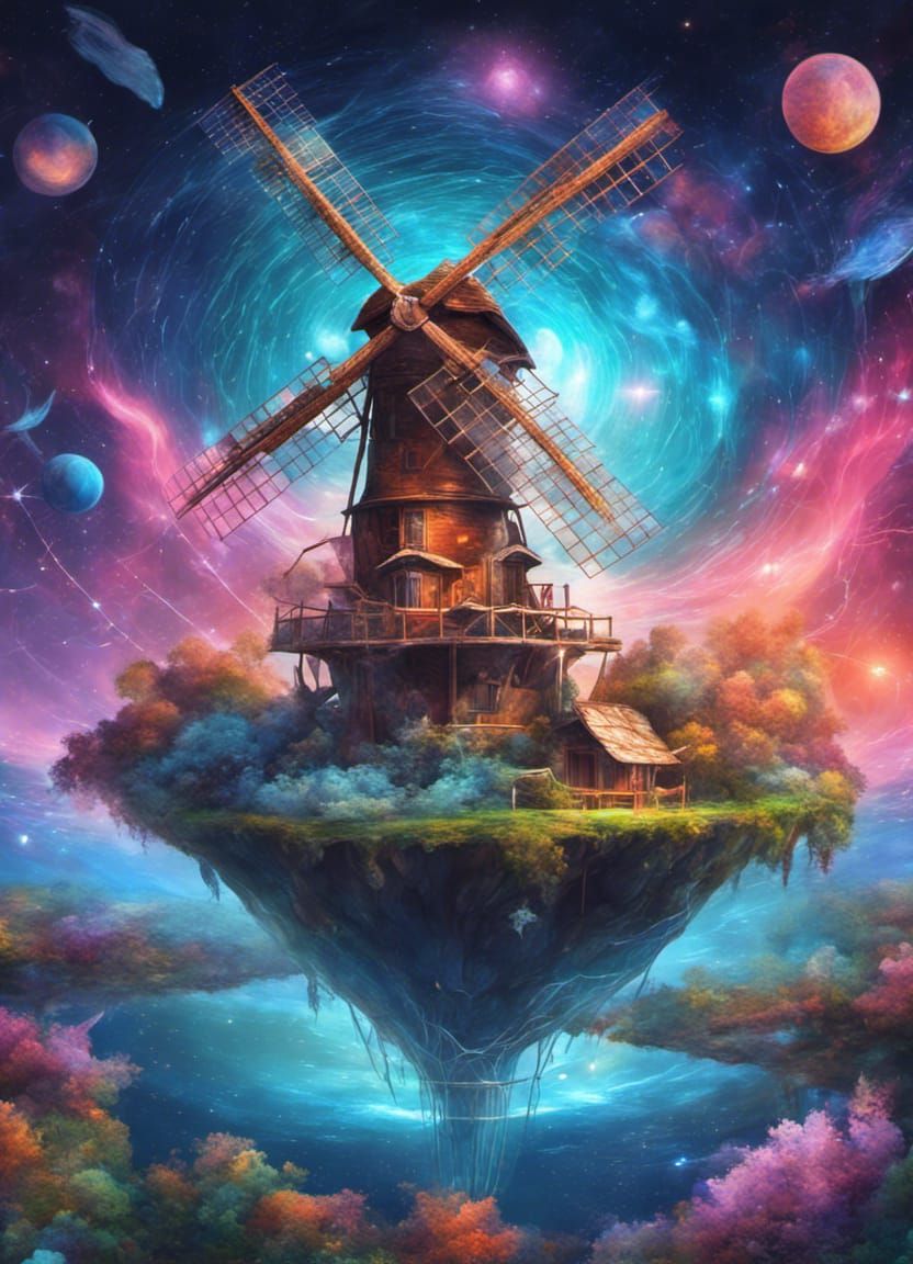 Floating Island Windmill in Space, Cosmic Illustration