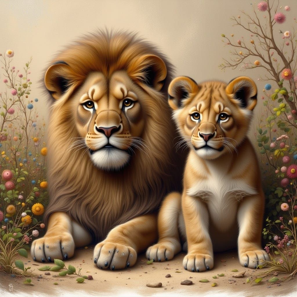 Cute Lion Cub Beside Mother