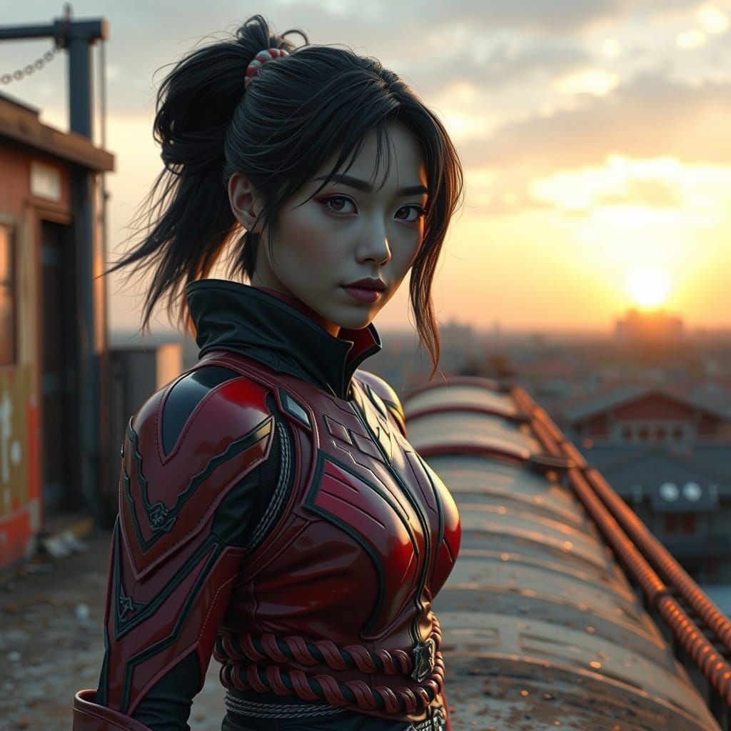 Japanese Superhero in Ninja Suit at Sunset