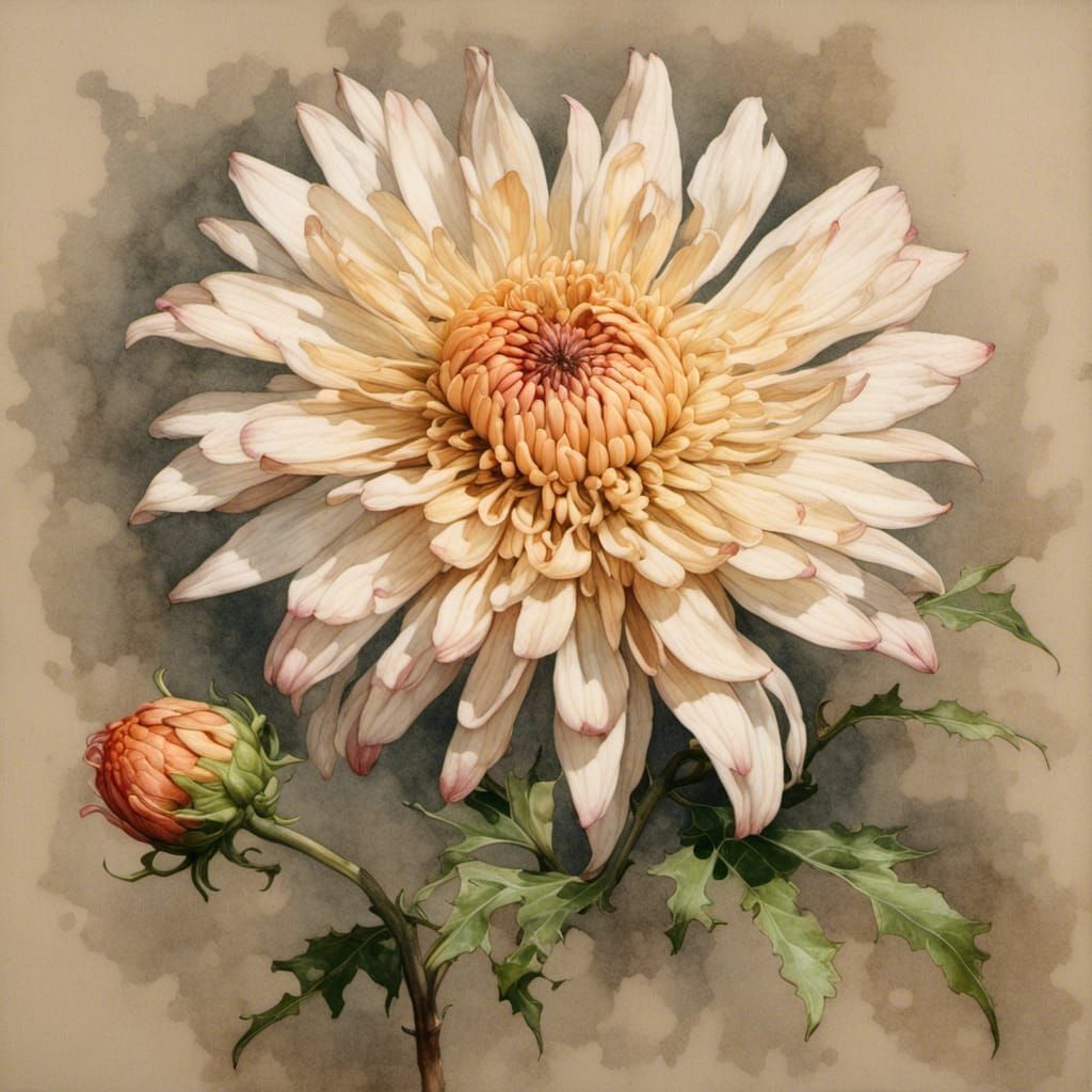 Watercolor Chrysanthemum Flower with Bud and Leaf