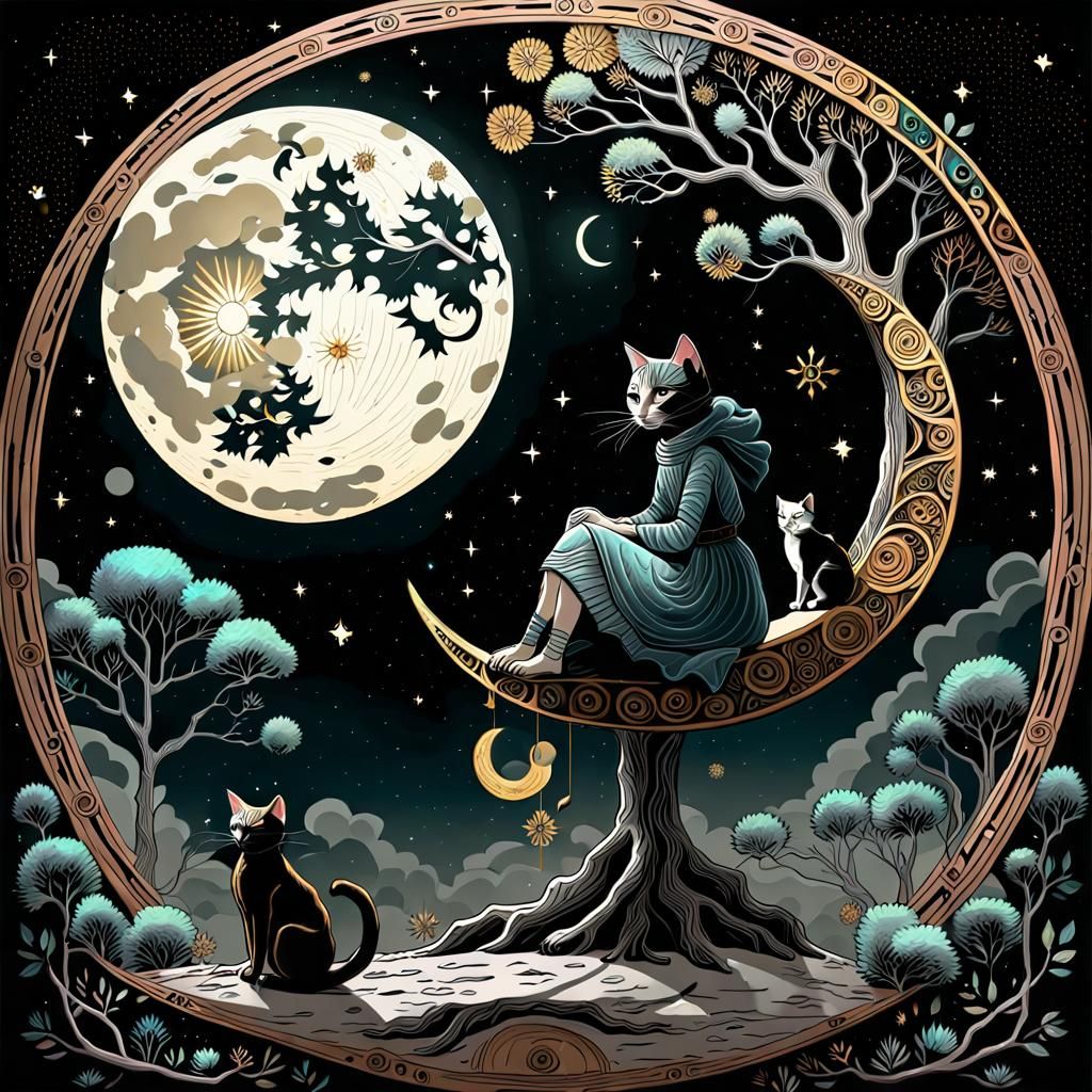 Girl and Cat on the Moon in Folk Art Style