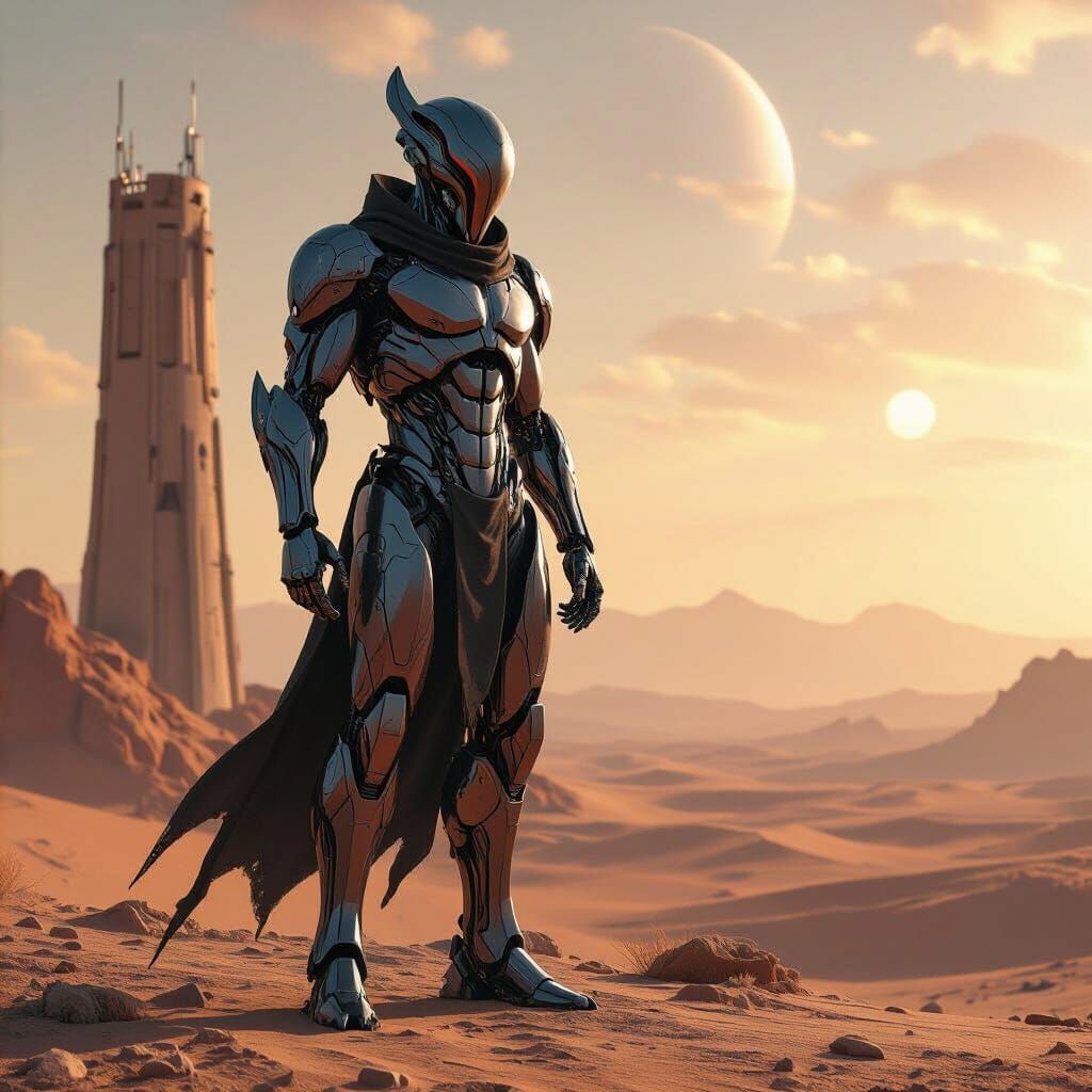 Martian Desert Outpost: Biomechanical Warrior in Sci-Fi Styl...