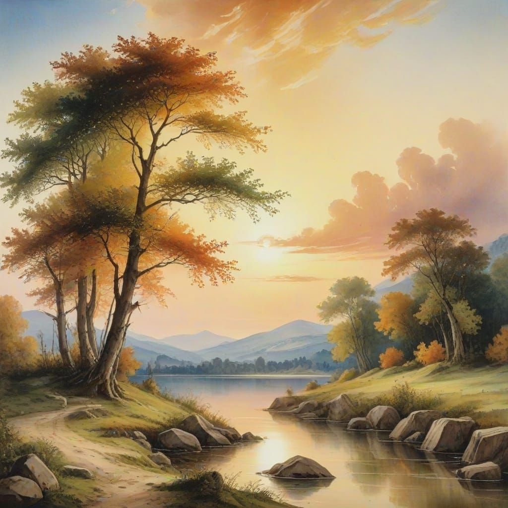 Vibrant Watercolor Landscape of a Mesmerizing Sunset