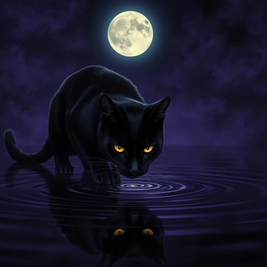 Cat Drinks From Pond Under Yellow Moon