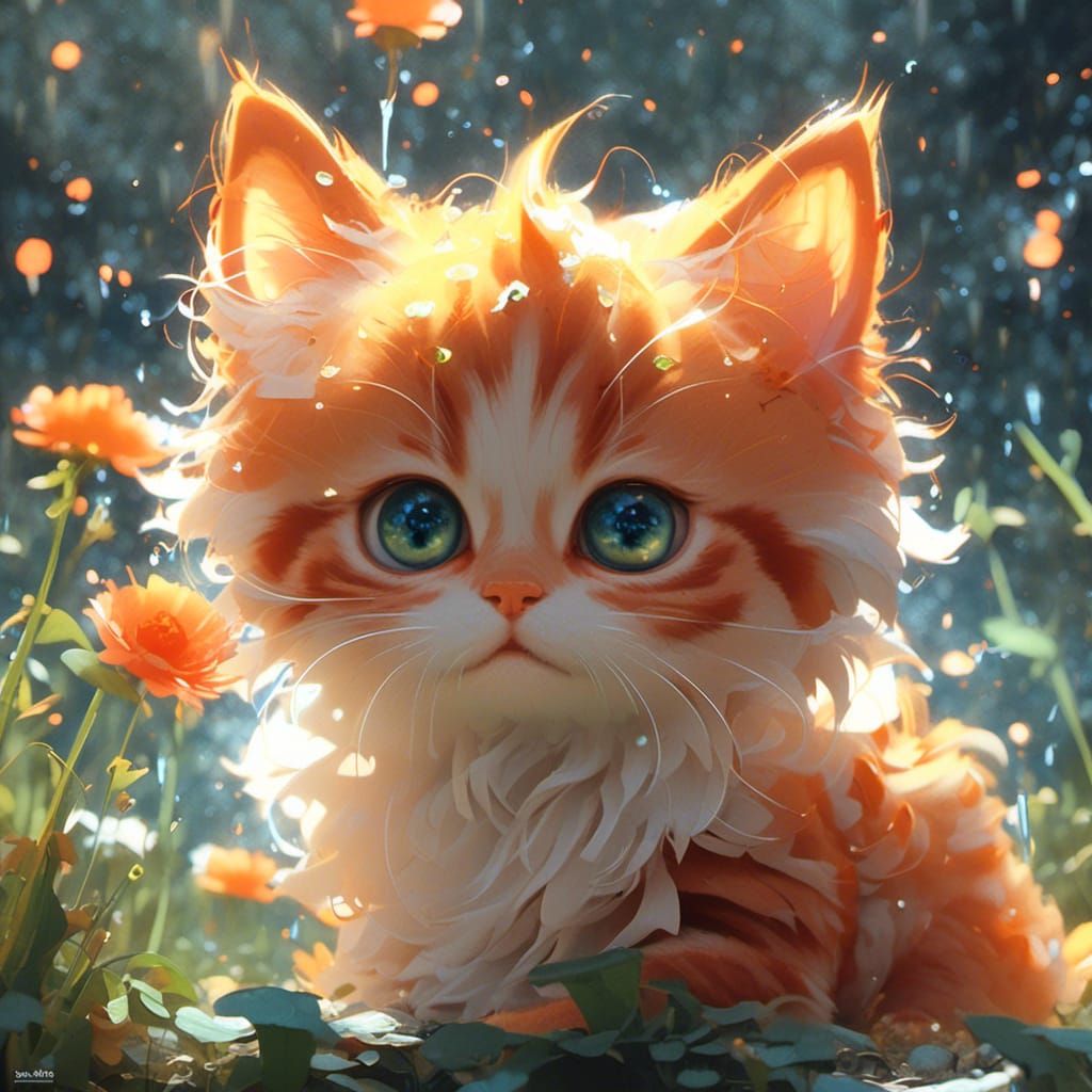 Adorable Galaxy-Eyed Kitten in Garden Illustration