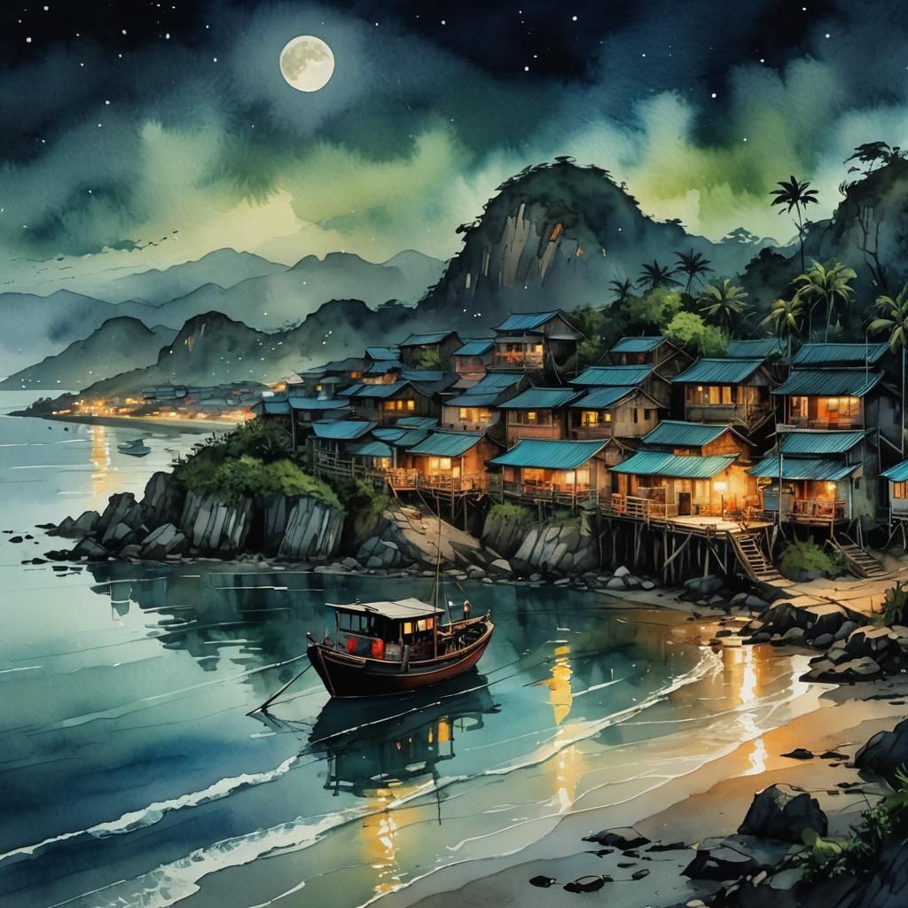 Moonlit Drive on Vietnam Coast: Watercolor Painting
